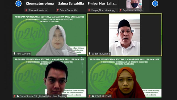 Wakil Rektor 3 Unisma Malang Dr. Ir. H. Badat Muwakhid, M.P membuka kegiatan Sosialisasi Program Peningkatan Softskill Kewirausahaan bagi Mahasiswa Baru Unisma Malang Tahun 2022 secara virtual.