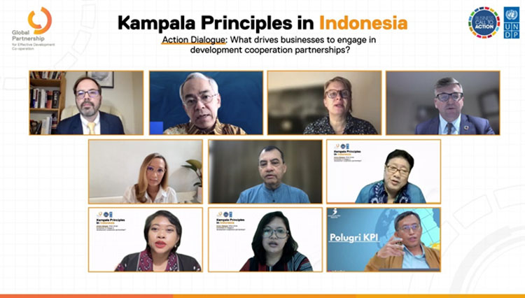 Diskusi virtual Kampala Principles di Indonesia yang diadakan oleh Business Call to Action UNDP dan GPEDC, bekerja sama dengan Pemerintah Jerman dan UNDP Indonesia, Jumat (11/3/2022). (Foto: GPEDC)