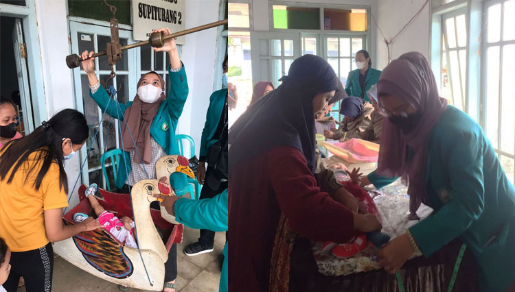 Mahasiswa KSM-T Unisma Malang bersama kader posyandu Dusun Supiturang melakukan penimbangan bayi.