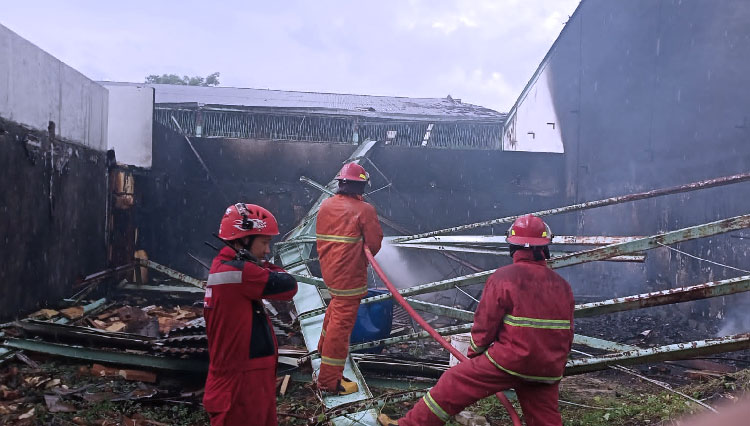 Proses pembasahan oleh damkar di gudang PT sinarmas (FOTO: Rapel/TIMES Indonesia)