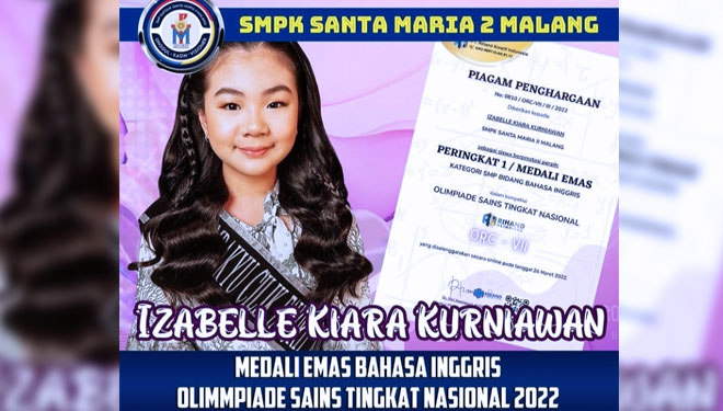 Izabelle Kiara Kurniawan dengan sertifikat juara medali emasnya dari Rihand Kreatif Indonesia.(FOTO: Instagram SMPK Santa Maria 2)