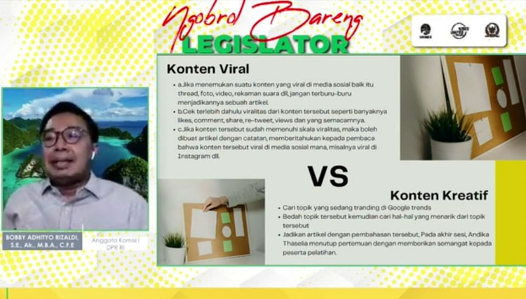 Bobby Adhityo Rizaldi selaku komisi I DPR RI Fraksi Golkar, Dapil Sumsel II saat mengisi materi kegiatan dalam konten positif media sosial. (Tangkapan Layar/TIMES Indonesia)