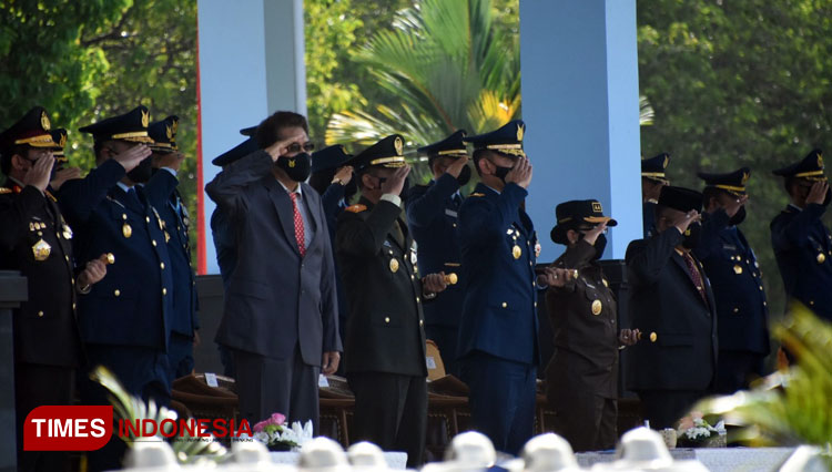 Suasana upacara HUT ke-76 TNI Angkatan Udara di Akademi Angkatan Udara Yogyakarta, Sabtu (9/4/2022). (FOTO: Soni Haryono/TIMES Indonesia)