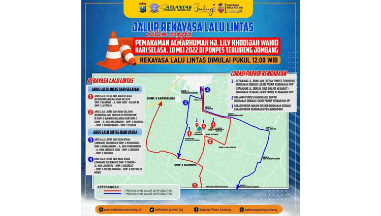 Peta rekayasa pengamanan dan pengaturan lalu lintas jelang pemakaman Almarhum Lily Wahid. (FOTO: Dok. Polres Jombang)