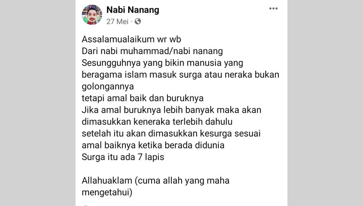Akun facebook Nanang Zainuddin, yang mengaku Nabi Nanang.(Foto: Fecebook)