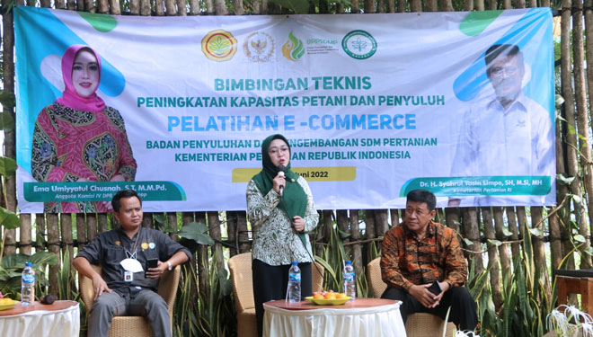 Anggota Komisi IV DPR RI, Ema Umiyyatul Chusnah berbicara pada Bimtek E-Commerce di Jombang, Sabtu (11/6/2022). (Foto: Polbangtan Malang).