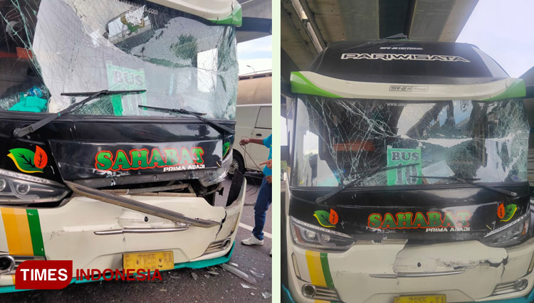 Kondisi bus yang mengangkut Calon Jamaah Haji asal Indramayu usai insiden kecelakaan di Tol KM 33 Cikarang. (Foto: Slamet Hidayat/TIMES Indonesia)
