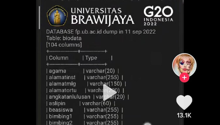 Data Universitas Brawijaya (UB) yang tersebar di Medsos. (Foto: Tangkapan layar)
