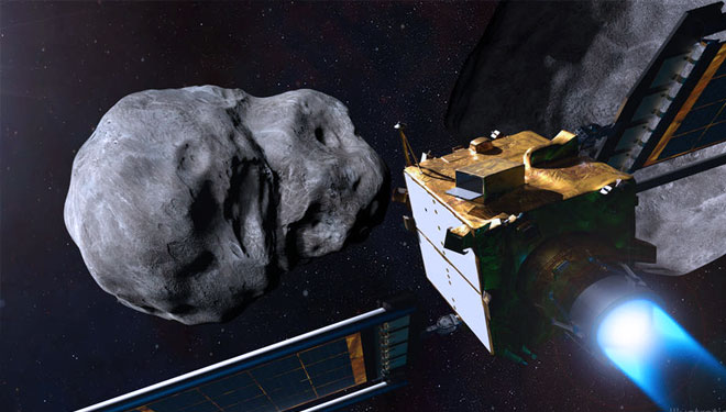 Ilustrasi ini menggambarkan pesawat ruang angkasa Double Asteroid Redirection Test (DART) NASA sebelum menabrak sistem asteroid biner Didymos.(FOTO: NASA).