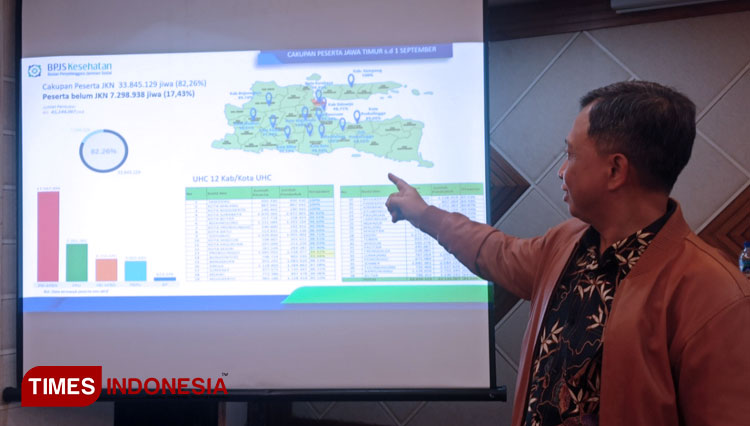 I Made Puja Yasa Deputi Direksi BPJS Kesehatan Wilayah Jawa Timur, Selasa (27/9/2022) saat menjelaskan tentang JKN KIS Jatim. (FOTO: Lely Yuana/TIMES Indonesia)