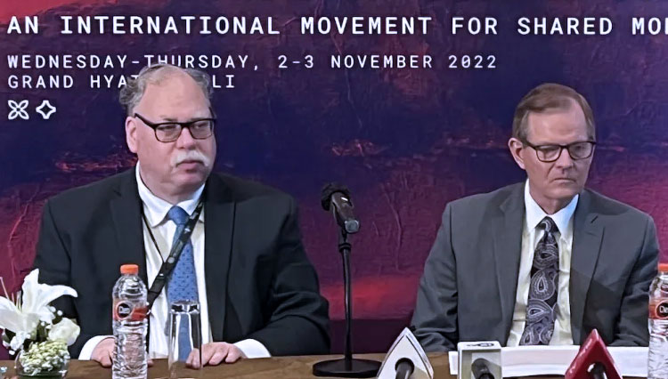 Rabbi Professor Alan Brill (left), a Jewish rabbi from Seton Hall University, United States, delivers a press statement in Nusa Dua, Badung, Bali, Thursday (3/11/2022). (Photo: ANTARA/Putu Indah Savitri)