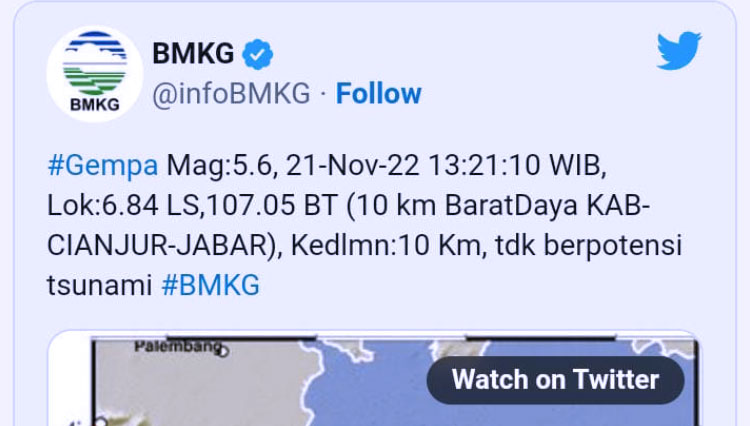 Informasi dari BMKG terkait gempa Jakarta, Senin (21/11/2022) (Foto: tangkapan layar)
