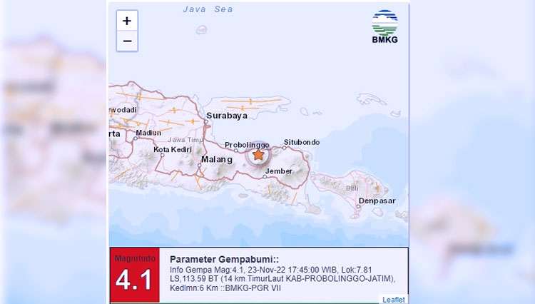 BMKG melaporkan telah tejadinya gempa tektonik magnitudo 4,1 di Kabupaten Probolinggo. (FOTO: Leaflet BMKG)