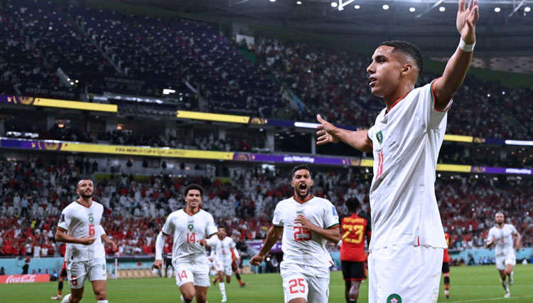 Selebrasi pemain Maroko usai cetak gol pertama ke gawang Belgia. (Foto: eurosport)