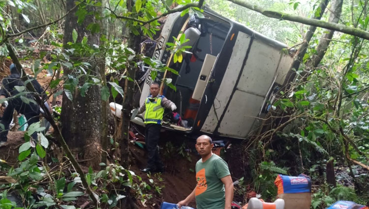 Bus Pariwisata Semeru Putra Trasindo Semarang Terperosok yang terperosok kedalam Jurang sedalam 31 meter. (Foto: Humas Polres Magetan for TIMES Indonesia)