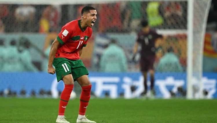 Abdelhamid Sabiri melakukan selebrasi setelah mencetak gol dari titik penalti ke gawang Spanyol dalam laga babak 16 besar Piala Dunia 2022, Selasa (6/12/2022). (Foto: antara)