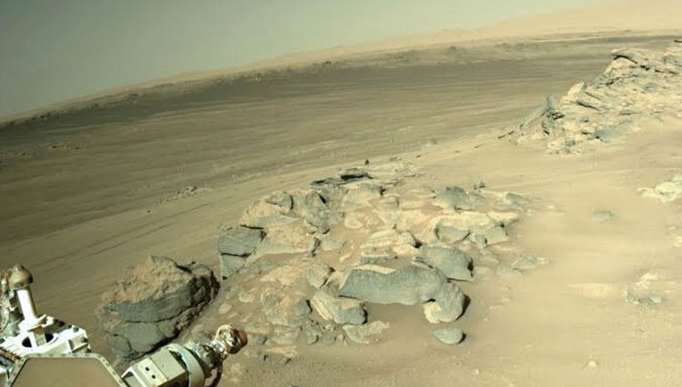 Penjelajah Ketekunan NASA melihat ke permukaan Mars, tempat setan debu menyapu permukaan gersang.(FOTO: France24/ NASA/AFP).