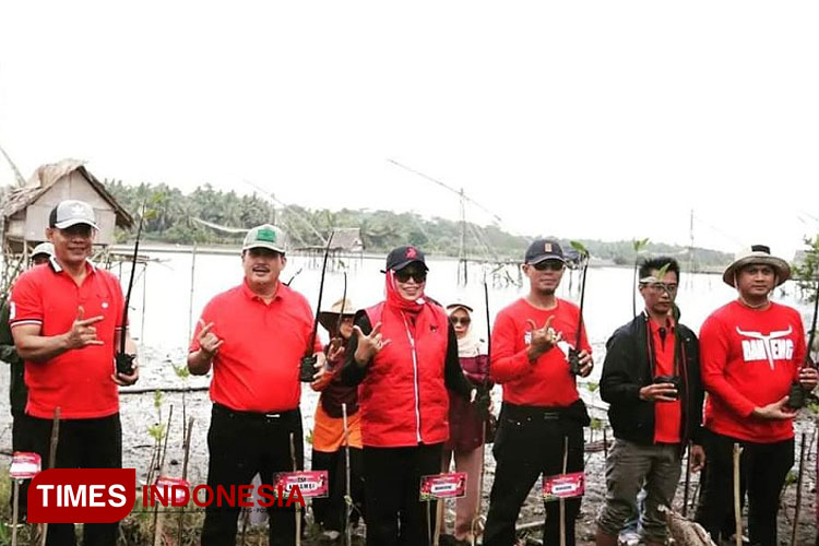 Bupati Kabupaten Pangandaran Jeje Wiradinata didampingi Ketua DPRD Pangandaran dan Anggota DPRD dari Fraksi PDI Perjuangan melakukan penanaman pohon cemara udang dan mangrove di Tanjung Cemara. (Foto: Syamsul Ma'arif/TIMES Indonesia)