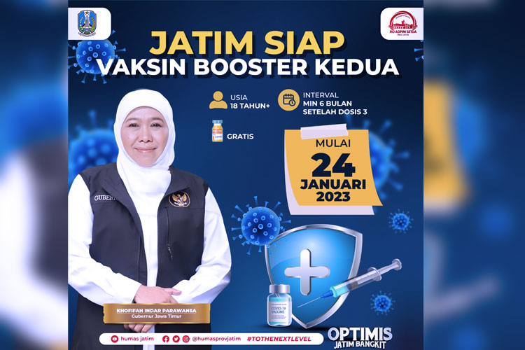 Gubernur Jawa Timur Khofifah Indar Parawansa siap memberikan vaksinasi booster kedua bagi masyarakat umum mulai 24 Januari 2023 secara gratis. (FOTO: Dok.Humas Pemprov Jatim) 