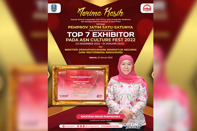 Pemprov Jatim menjadi  satu-satunya provinsi peraih Top 7 Exhibitors dalam ASN Culture Fest 2022 dari Kementerian Pendayagunaan Aparatur Negara dan Reformasi Birokrasi (Kemenpan RB). (FOTO: Dok. Humas Pemprov Jatim) 