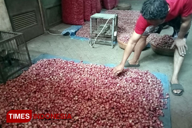 Irwan sedang membersihkan bawang merah sebelum dijual, Jumat (3/2/2023). (FOTO: Sholeh/ Times Indonesia)