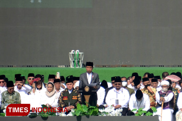 Presiden RI, Jokowi saat sambutan dalam perhelatan Resepsi 1 Abad NU di Gelora Delta Sidoarjo, Selasa (7/2/2023) (Foto: Aditya/TIMES Indonesia)