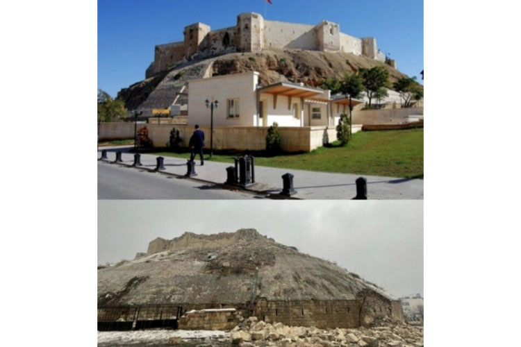 Kastil abad kedua Masehi di pusat kota Gaziantep di Turki ketika masih utuh dan megah dan setelah hancur oleh gempa 7,8 SR pada hari Senin.(FOTO: News Rebeat.com)
