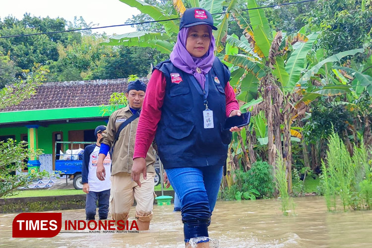 Petugas pemutakhiran data pemilih (Pantarlih) di Kabupaten Ngawi terjang banjir demi melaksanakan tugas nyoklit calon pemilih. (FOTO: Miftakul/TIMES INDONESIA)