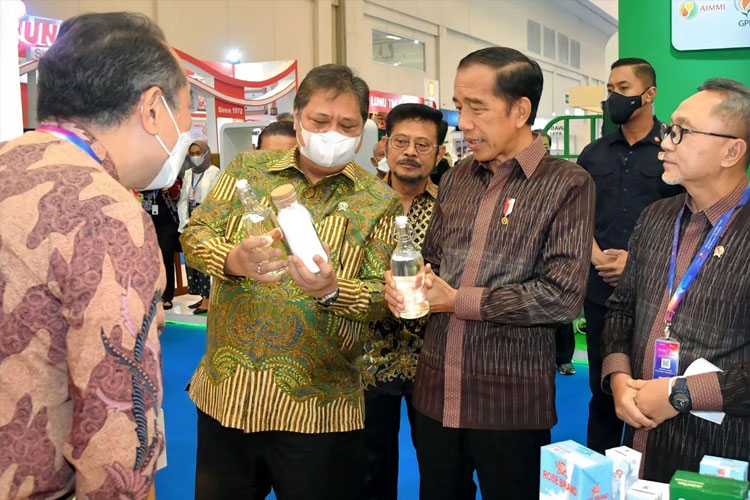 Menko Perekonomian Airlangga Hartarto mendampingi Presiden Jokowi dalam kegiatannya melihat produk-produk ekonomi Indonesia. (FOTO: ist) 