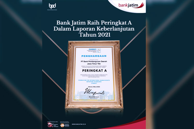 Laporan Keberlanjutan Tahun 2021, Bank Jatim Raih Peringkat A
