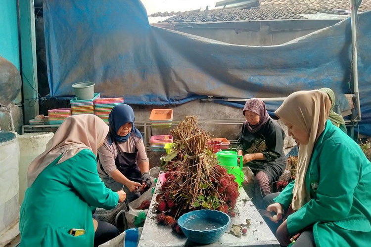 Mahasiswa KSM-T Unisma Malang melakukan pendampingan proses pembuatan keripik rambutan bersama keripik buah Makni. (FOTO: AJP TIMES Indonesia)