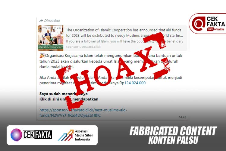 Pesan berantai mengenai bantuan dana dari Organisasi Kerjasama Islam (Organization of Islamic Cooperation) bagi pemeluk Islam.