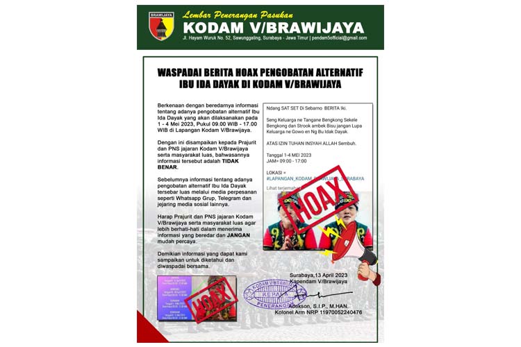 Pengobatan Ida Dayak di Lapangan Kodam Brawijaya, Kapendam: Tidak Benar, Hoaks!