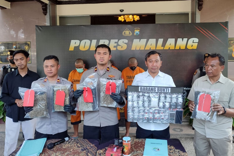 Satnarkoba Polres Malang ketika merilis kesuksesan menggagalkan 6,5 Kilogram Ganja (Foto : Humas Polres Malang)