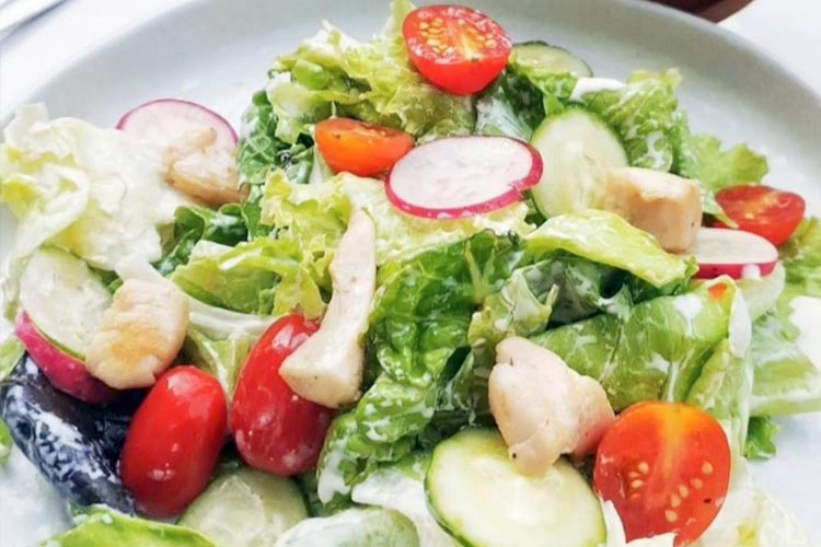Chicken Salad with Greek Yogurt Dressing. Paduan potongan sayur segar dari kebun Ovegi, ayam dadu gurih dan yogurt nikmat cocok mengawali santap menu berat. (FOTO: Dok.Ovegi) 