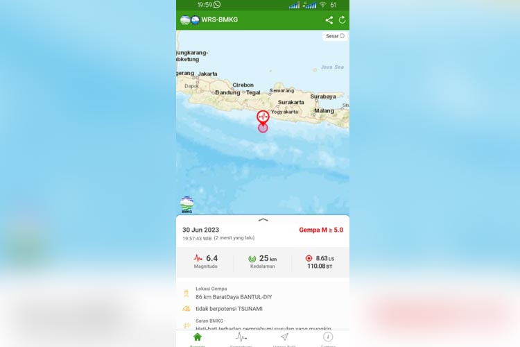 Titik gempa bumi di laut Selatan Bantul Yogyakarta. (FOTO: Twitter BKMG)