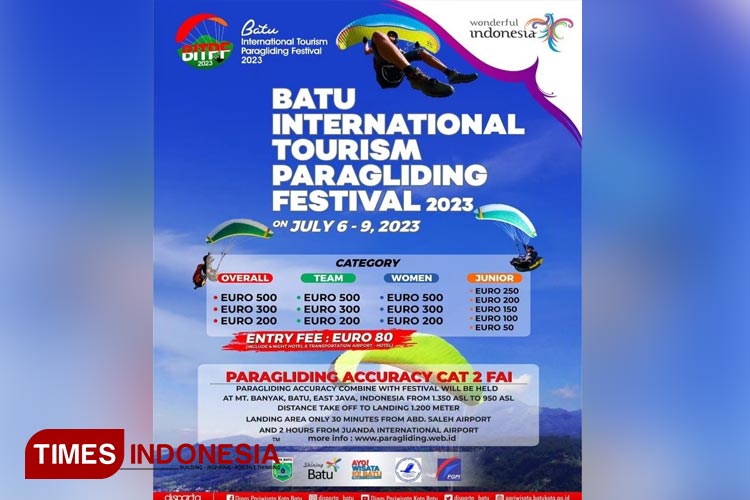 Kejuaraan Batu International Tourism Paragliding Festival 2023 kembali digelar di Kota Batu, Kamis (6/7/2023) hingga Minggu (9/7/2023). (FOTO; Muhammad Dhani Rahman/TIMES Indonesia)