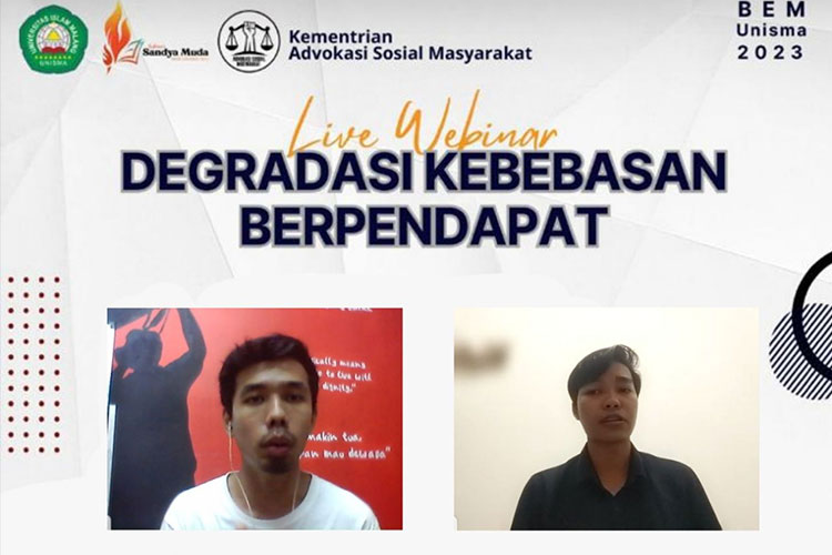 Muhammad Yahya Ihyaroza, Divisi Hukum KontraS dan M. Prasetyo Lanang, dari Aliansi Jurnalis Independen (AJI) Kota Malang sebagai pembicara Webinar Degradasi Kebebasan Berpendapat yang digelar Unisma. (foto: tangkapan layar)