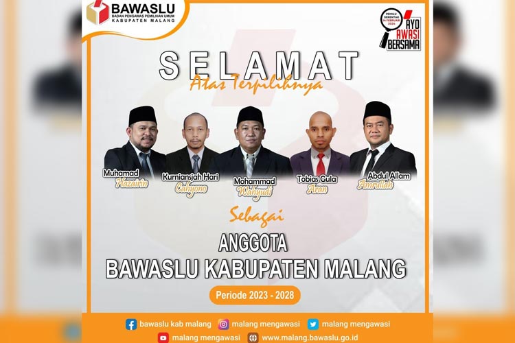 Lima Nama Komisioner Terpilih Bawaslu Kabupaten Malang Periode 2023-2028. (FOTO: Instagram Bawaslu Kabupaten Malang)