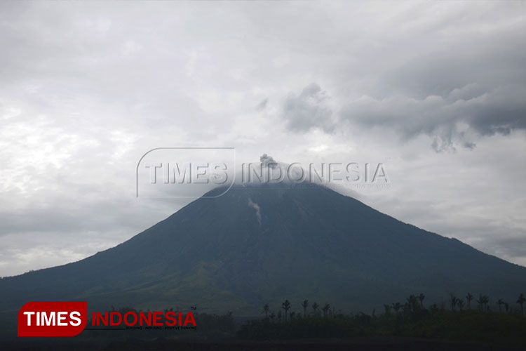 Panorama Gunung Semeru yang terlihat mengeluarkan kepulan asap pekat terlihat dari Kecamatan Ampel Gading, Kabupaten Malang. (Foto: Adhitya Hendra/TIMES Indonesia)