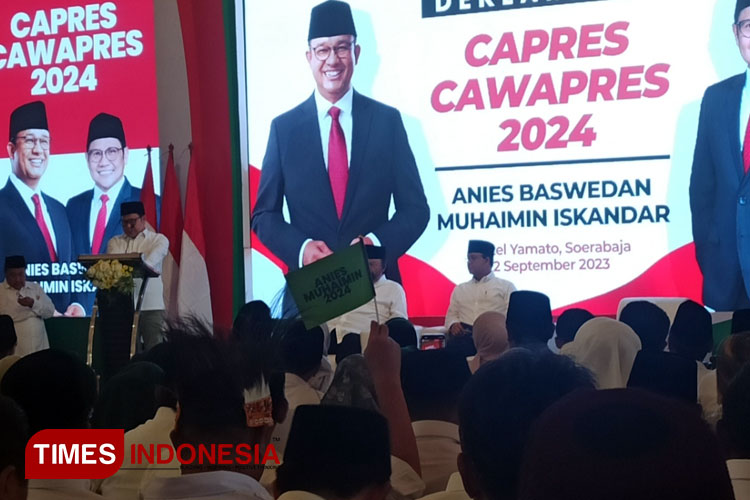 Ketua Umum PKB Muhaimin Iskandar saat menyampaikan pidato politik dalam deklarasi Anies-Muhaimin di Hotel Majapahit Surabaya, Sabtu (2/9/2023). (Foto : Lely Yuana/TIMES Indonesia)