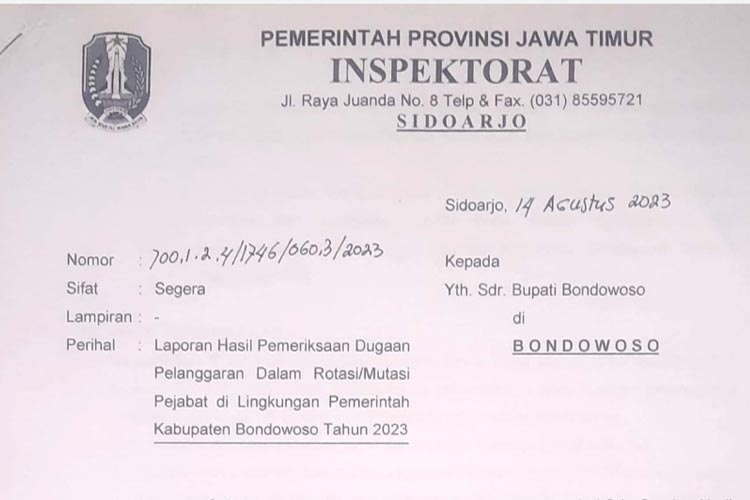 Inspektorat Jatim Sebut Rekomendasi Soal Mutasi di Bondowoso Wajib Dilaksanakan