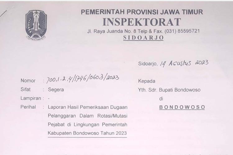 Inspektorat Jatim Sebut Rekomendasi Soal Mutasi di Bondowoso Wajib Dilaksanakan