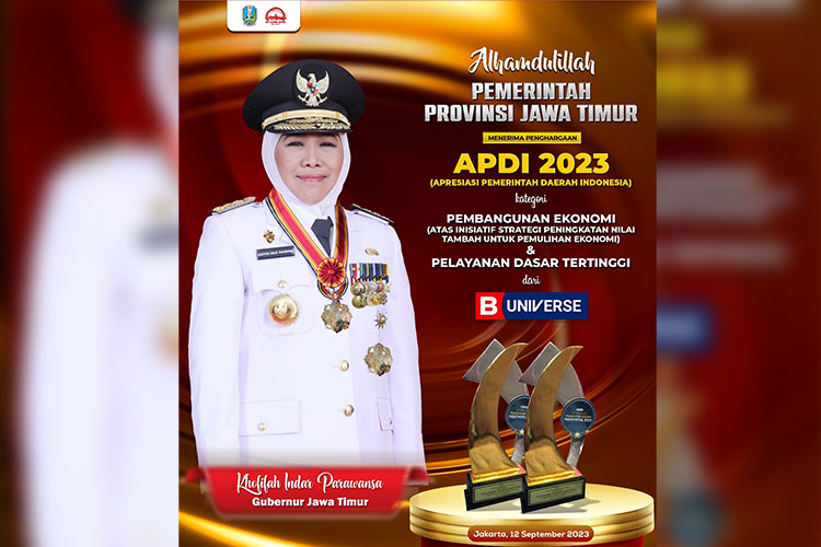 Pemerintah Provinsi Jawa Timur menerima penghargaan Apresiasi Pemerintah Daerah Indonesia (APDI) 2023 dari B-Universe, Selasa (12/9/2023). (Foto: Humas Pemprov Jatim for TIMES Indonesia)