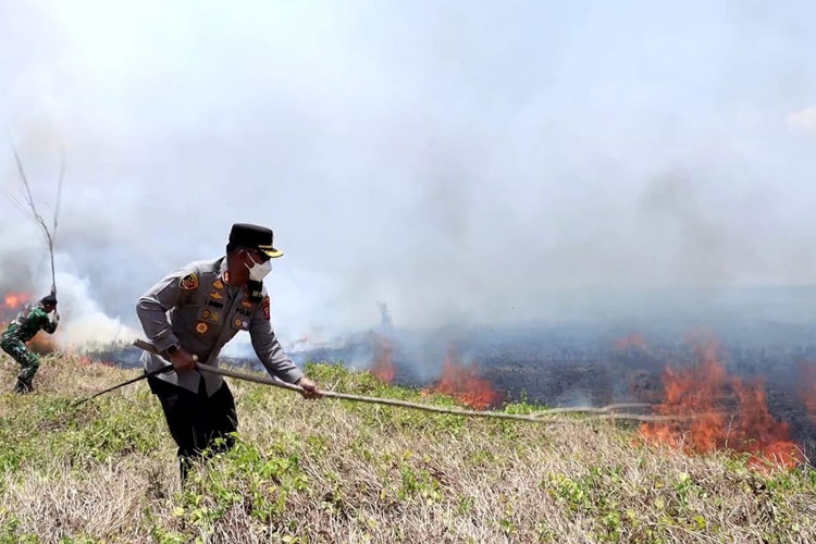 Petugas tengah memadamkan api yang melanda kebakaran di area lahan Bandara Kertajati. (FOTO: Humas Polres Majalengka for TIMES Indonesia)