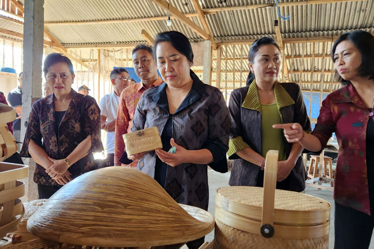 Ketua Dekranasda Kabupaten Bangli saat mengunjungi salah satu pelaku IKM. (Foto: Humas Pemkab Bangli) 