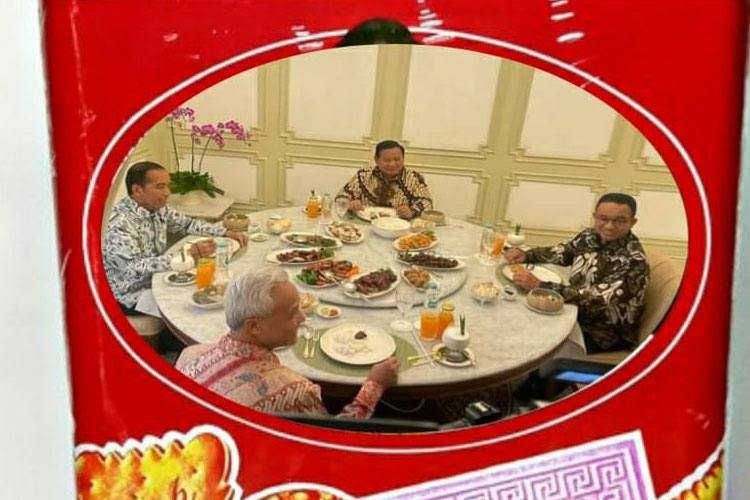 Meme Khong Guan Biskuit yang gambarnya diganti foto Presiden Jokowi saat santap siang di Istana bersama tiga Capres 2024. (FOTO: Istimewa)