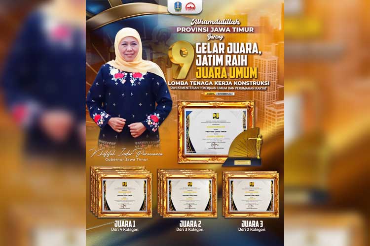 Jatim berhasil meraih Juara Umum I pada Lomba Tenaga Kerja Konstruksi Tingkat Nasional Tahun 2023 yang diselenggarakan oleh Direktorat Jenderal Bina Konstruksi Kementerian Pekerjaan Umum dan Perumahan Rakyat (PUPR). (FOTO: Dok. Humas Pemprov Jatim)