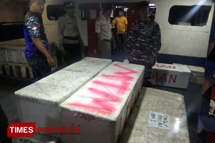 Tim terpadu memeriksa Coll Box ikan di dek bawah KM Geovani. Sabtu malam, 2 Desember 2023. (Foto: Munces For TIMES Indonesia)
