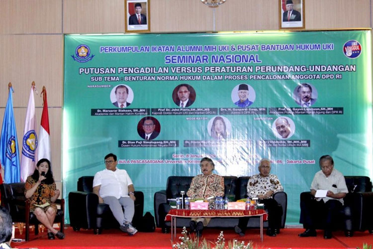 Seminar Nasional bertema ‘Putusan Pengadilan vs Peraturan Perundang-Undangan’ sub tema Benturan Norma Hukum dalam Proses Pencalonan Anggota DPD RI. (FOTO: ist) 